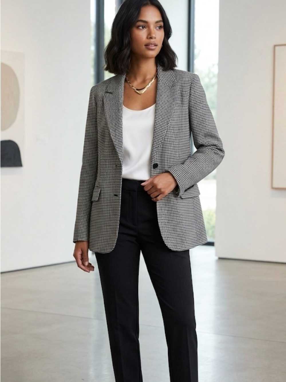Chadwicks Houndstooth Single-Button Blazer in Gray size 18